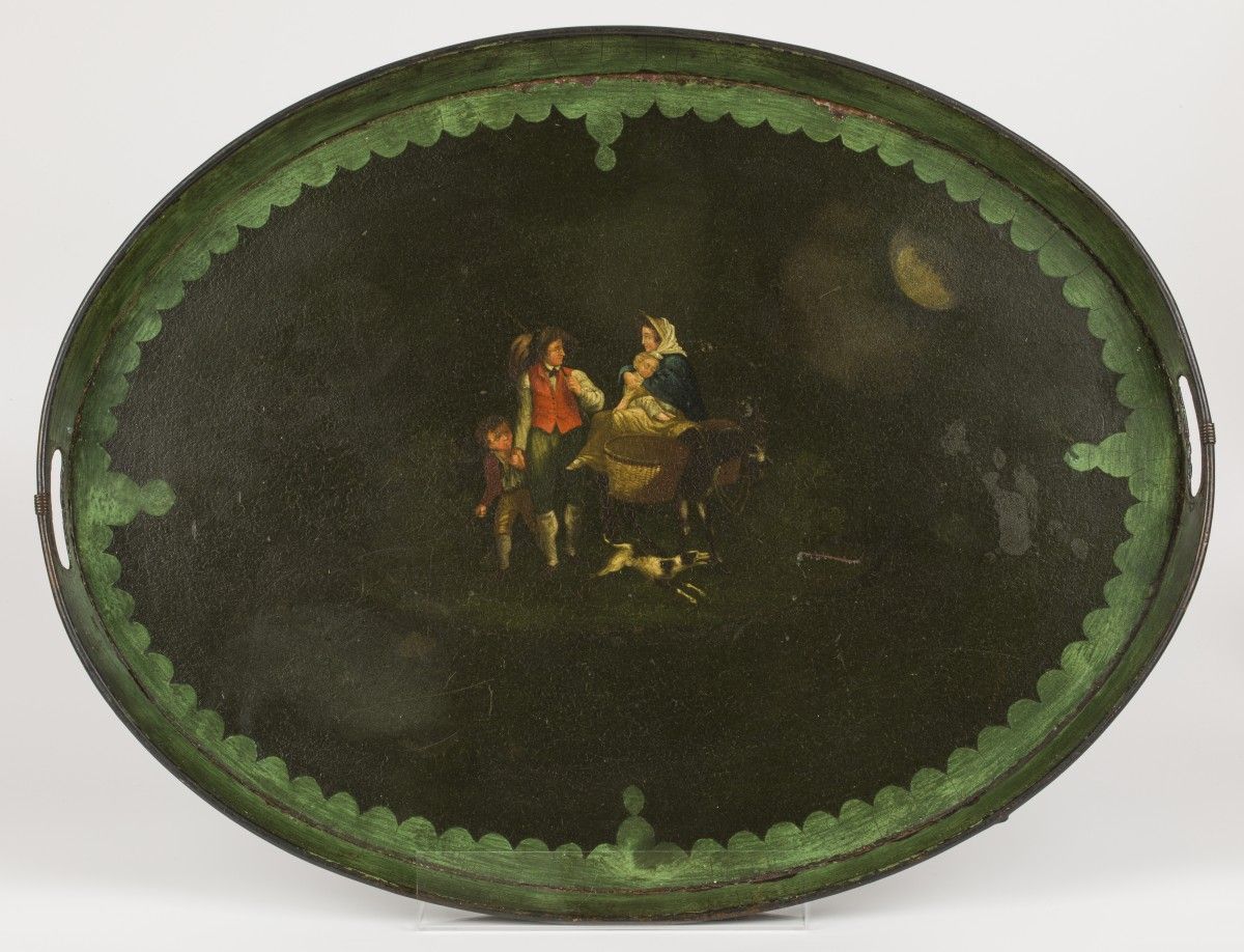 An oval tole tin serving tray with polychromed scene of a travelling company, En&hellip;