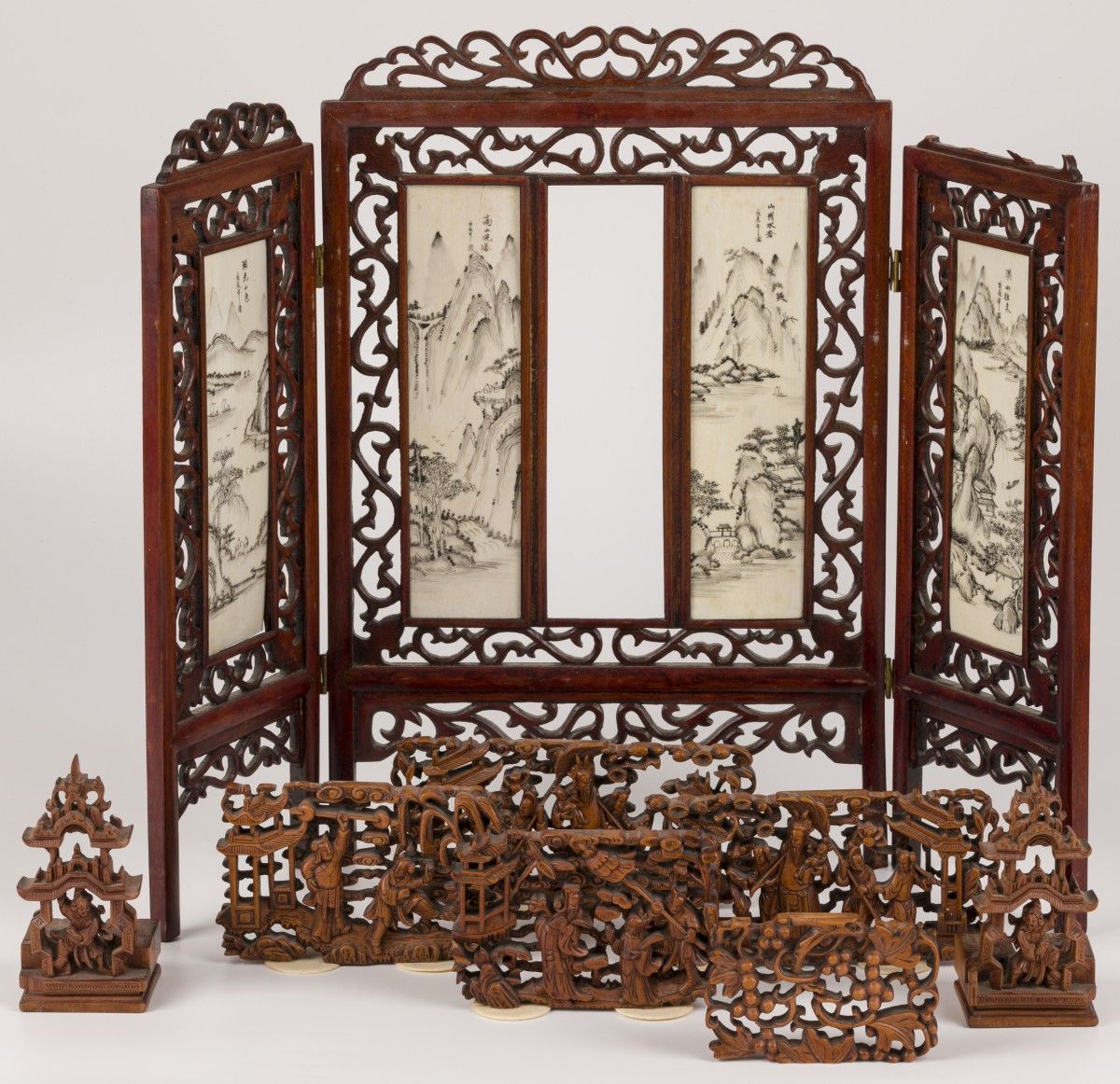 A miniature wooden folding screen with bone together with various boxwood panels&hellip;