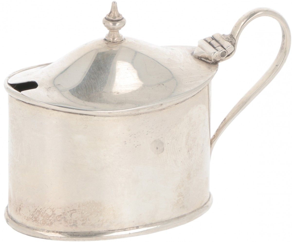 Mustard pot silver. Oval model with blue glass insert and soldered handle. Unite&hellip;