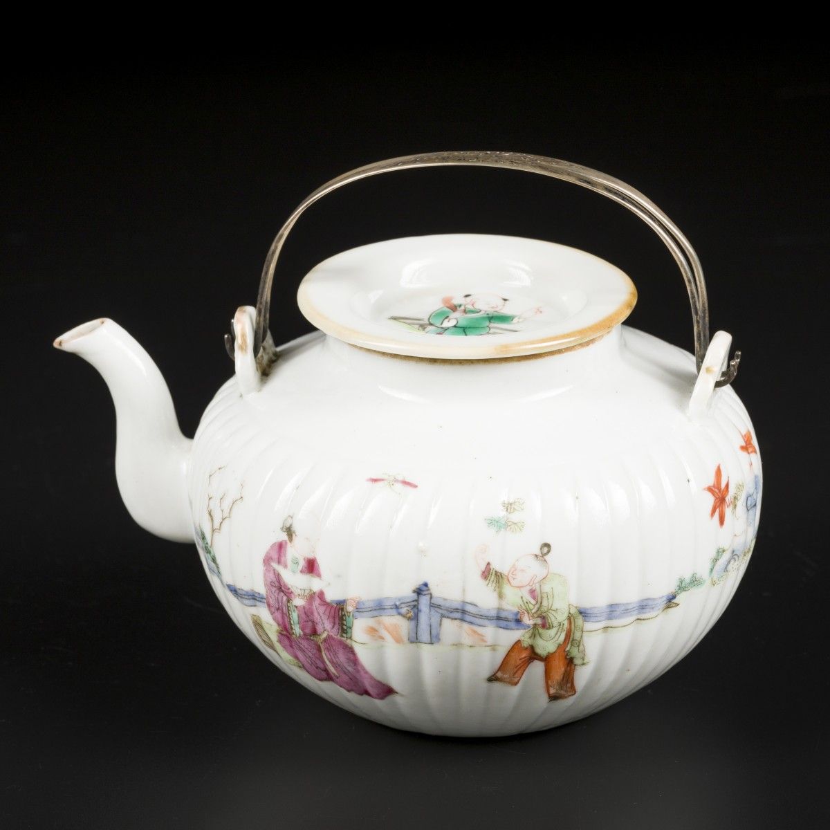 A porcelain famille rose teapot decorated with various figures. China, Republic &hellip;