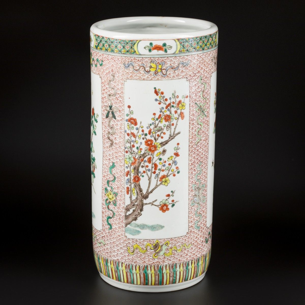 A very large porcelain famille verte cylinder vase decorated with various plants&hellip;