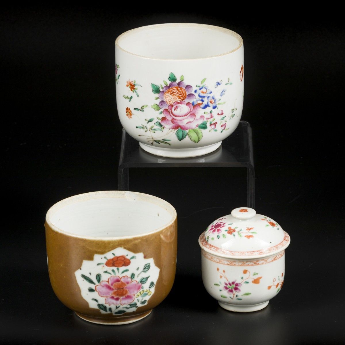 2 Famille Rose porcelain sugar canisters and a smaller lidded canister. China, 1&hellip;
