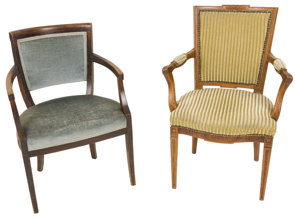 A lot comprising (2) various armchairs, Dutch, ca. 1900. Both with various velve&hellip;