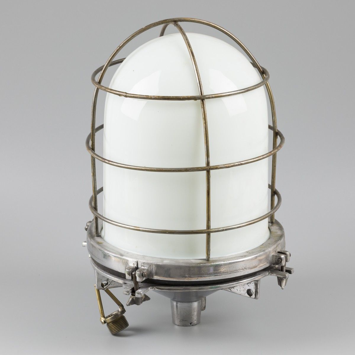 A large milk glass chromed copper cage lamp, ceiling model, 20th century. Chromé&hellip;