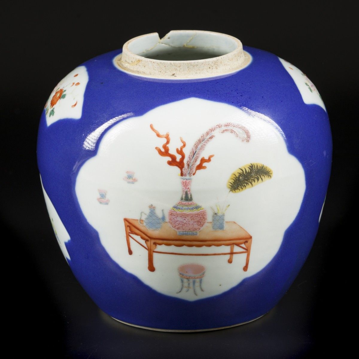 A porcelain poudre blue ginger jar with famille rose decoration. China, 19th cen&hellip;