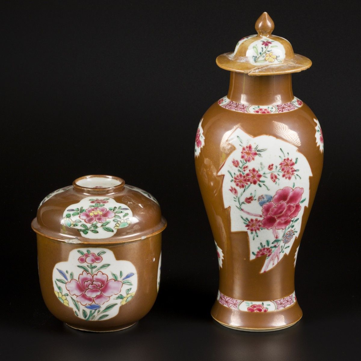 A porcelain famille rose lidded vase and lidded pot with capuchin fond. China, 1&hellip;