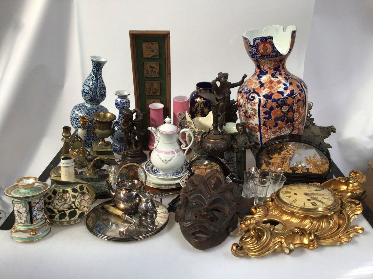 A large lot with cartel clock, a Japanese diorama of cork, bronze desk ornaments&hellip;