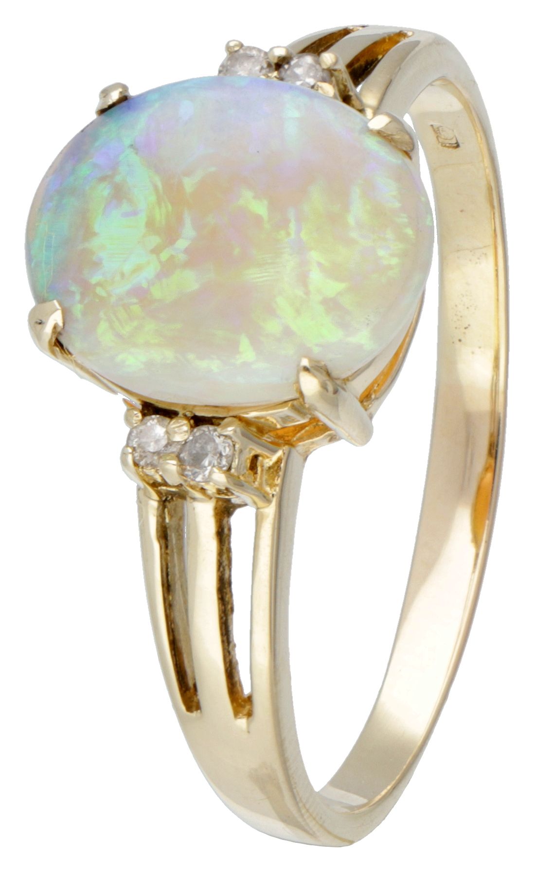 14K. Yellow gold ring set with approx. 1.83 ct. Welo opal and diamond. Poinçons &hellip;