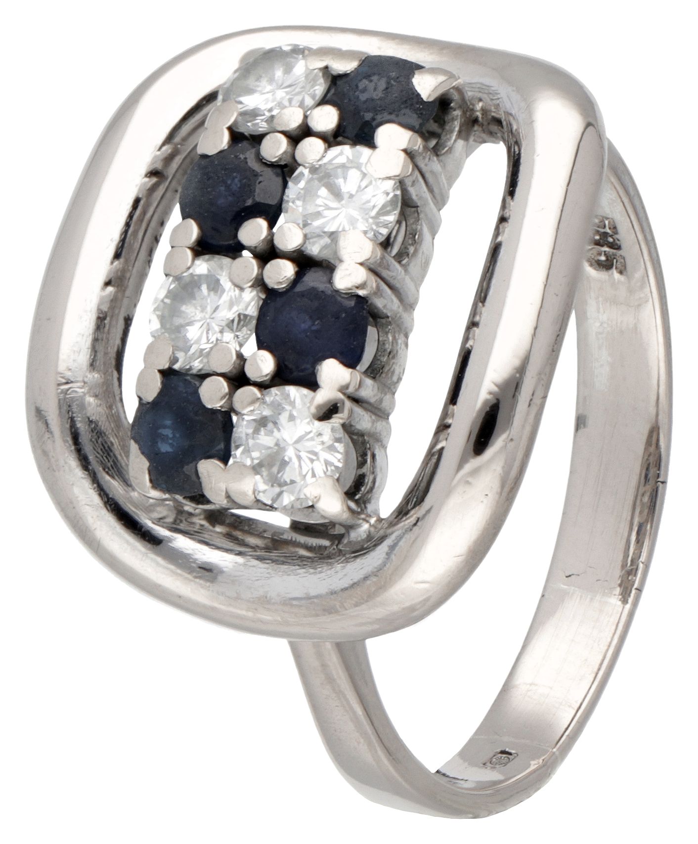 14K. White gold ring set with approx. 0.41 ct. Diamond and sapphire. Sellos: 585&hellip;