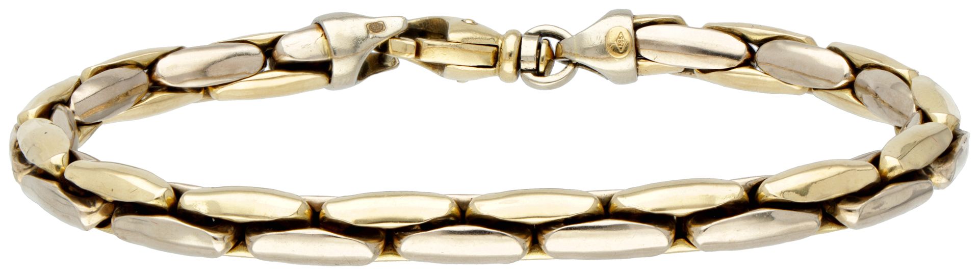 14K. Bicolor gold Cardano link bracelet. 印章：585。长：20.5厘米，链接宽度：0.6厘米。重量：18.14克。