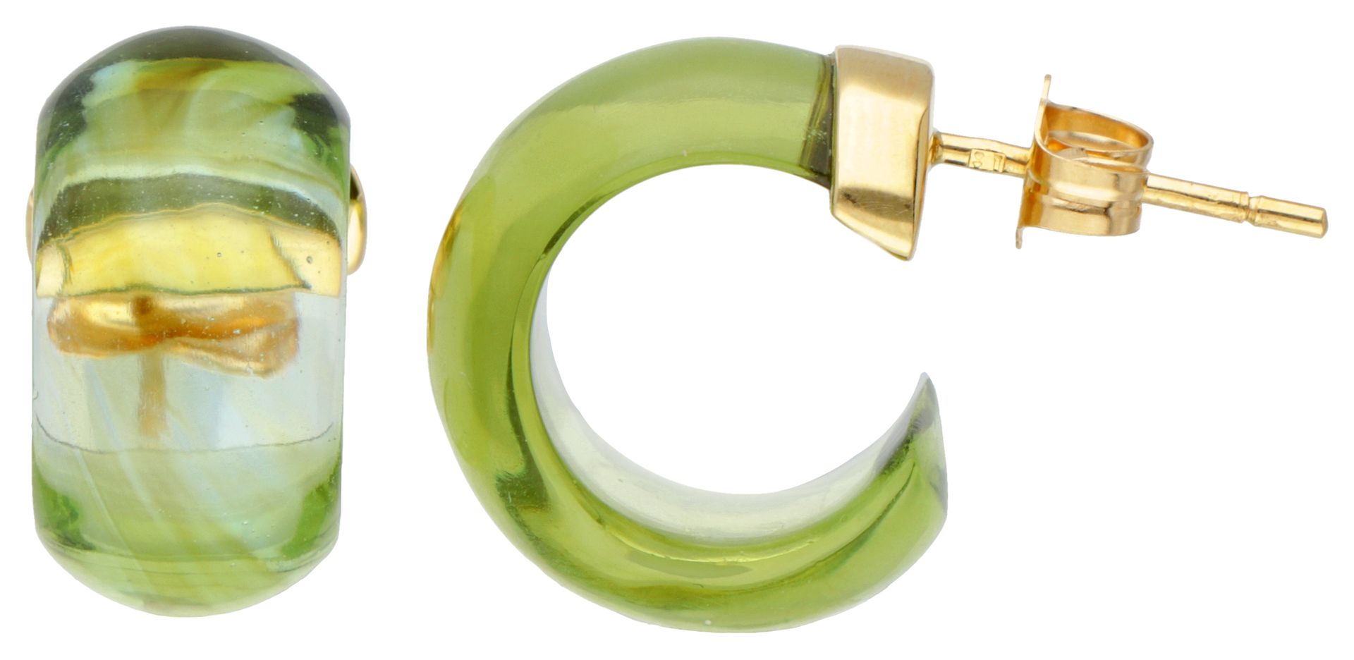 18K. Yellow gold half creole earrings with green crystal. 印记：进口标记，750。长x宽：1.5 x &hellip;