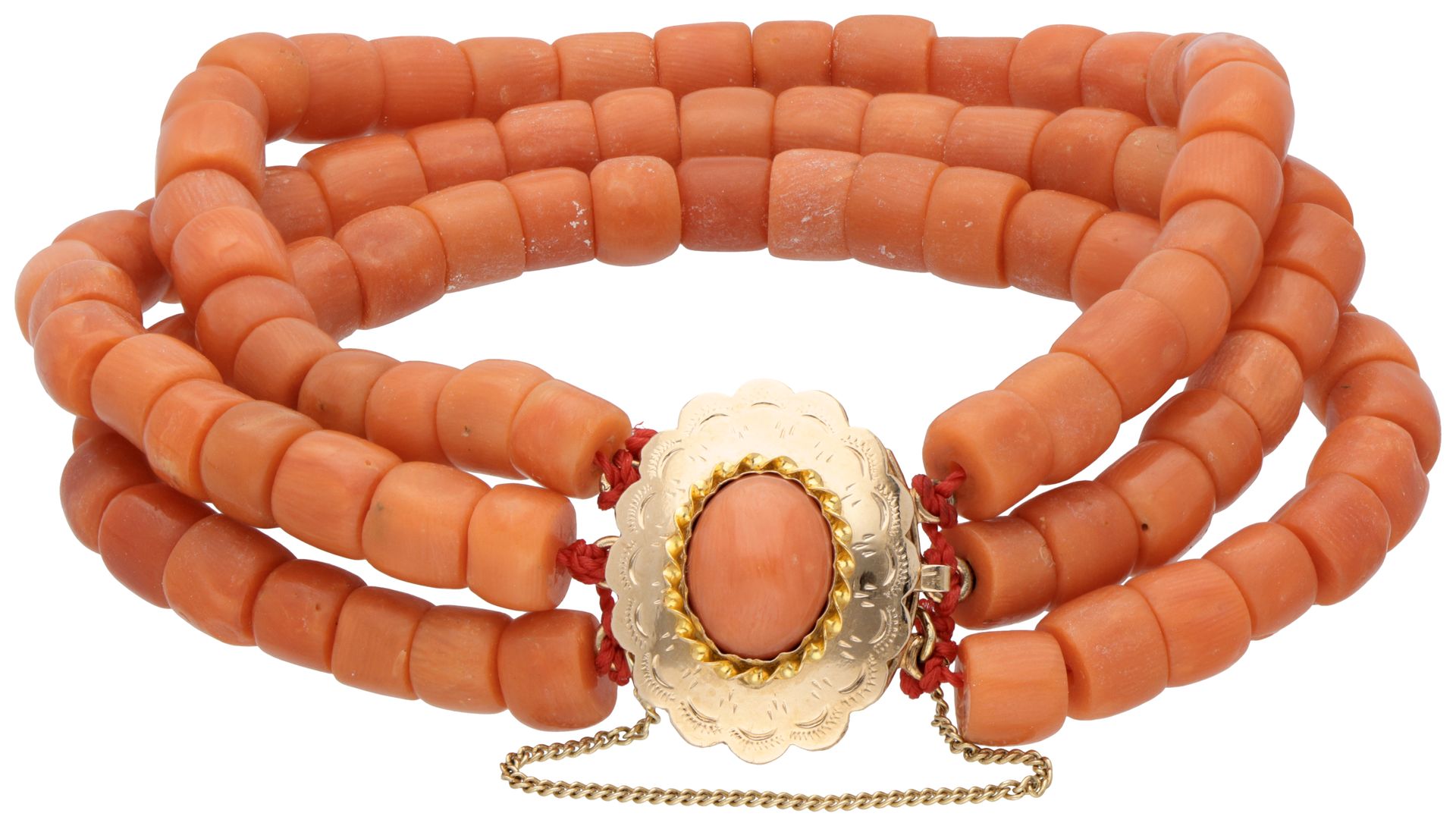 Three-row red coral bracelet with a 14K. Yellow gold closure. With safety chain.&hellip;