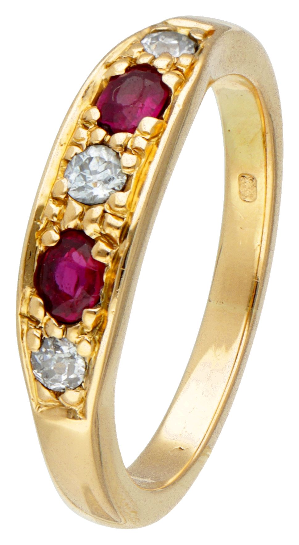 18K. Yellow gold vintage ring set with approx. 0.15 ct. Diamond and synthetic ru&hellip;