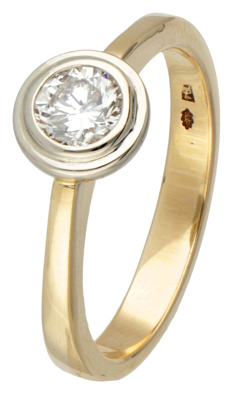 14K. Yellow gold solitaire ring set with approx. 0.40 ct. Diamond. Poinçons : 58&hellip;