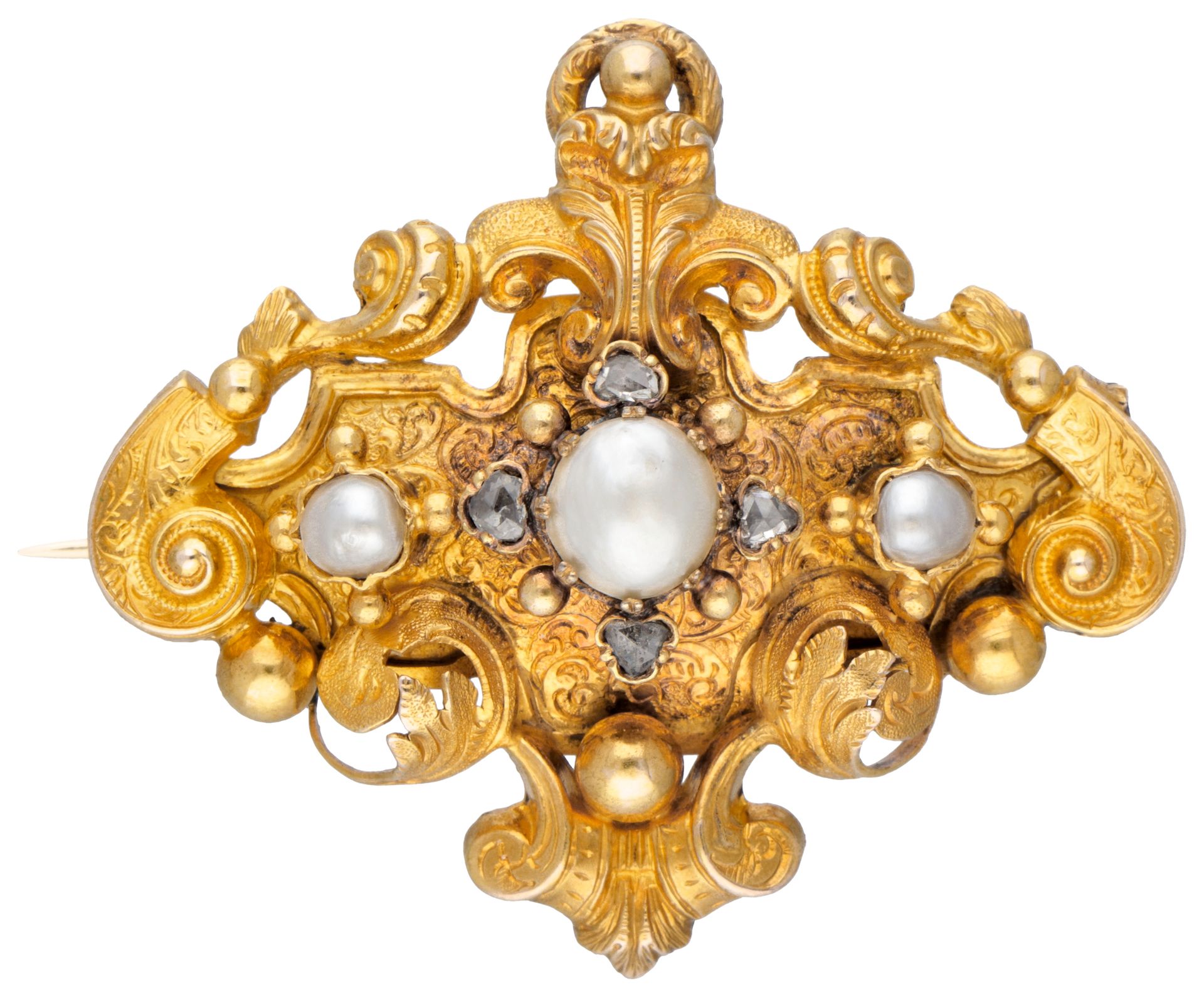 Antique 18K. Yellow gold richly decorated brooch set with diamonds and pearls. P&hellip;
