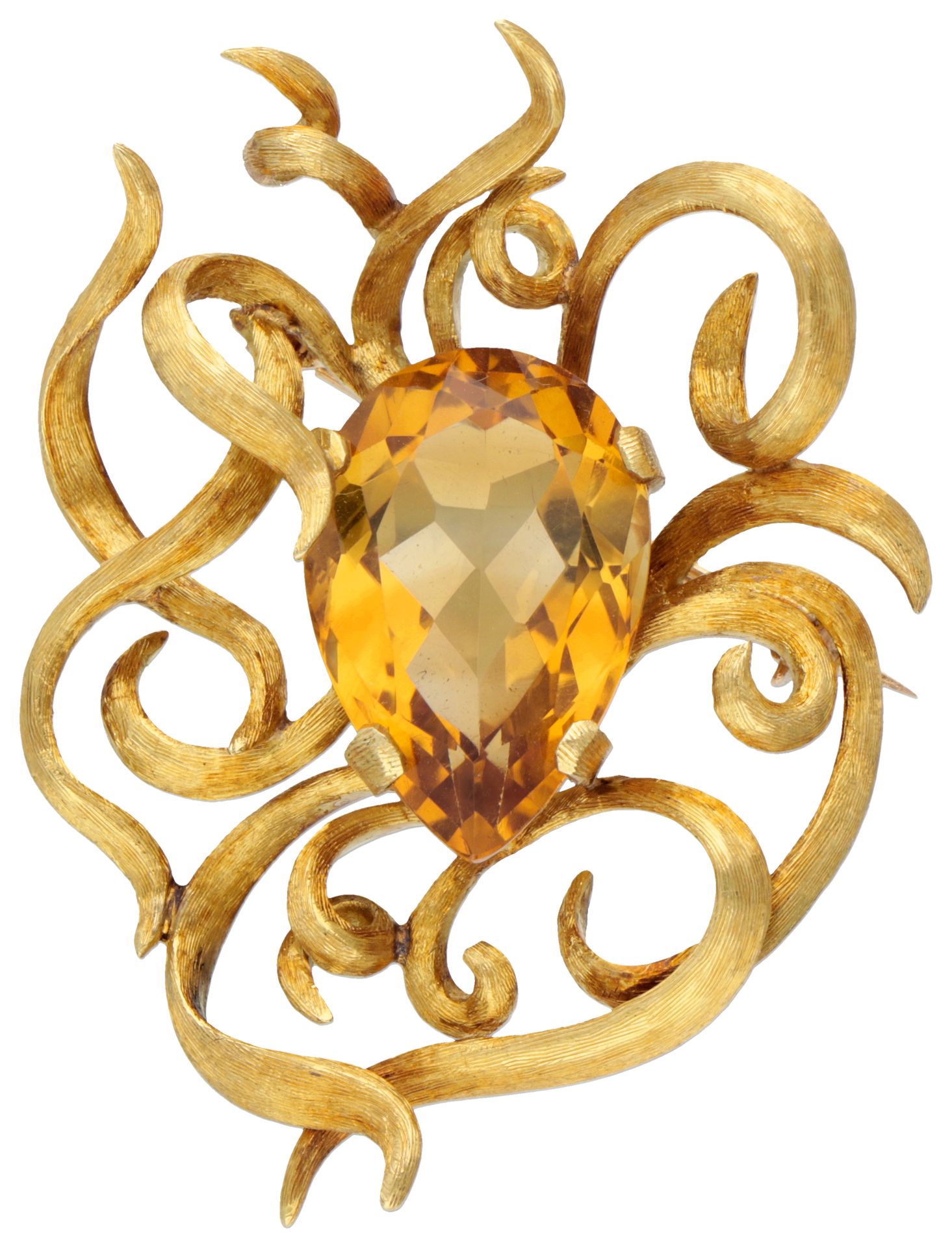 14K. Yellow gold matted brooch set with approx. 11.68 ct. Citrine. Poinçons : 58&hellip;