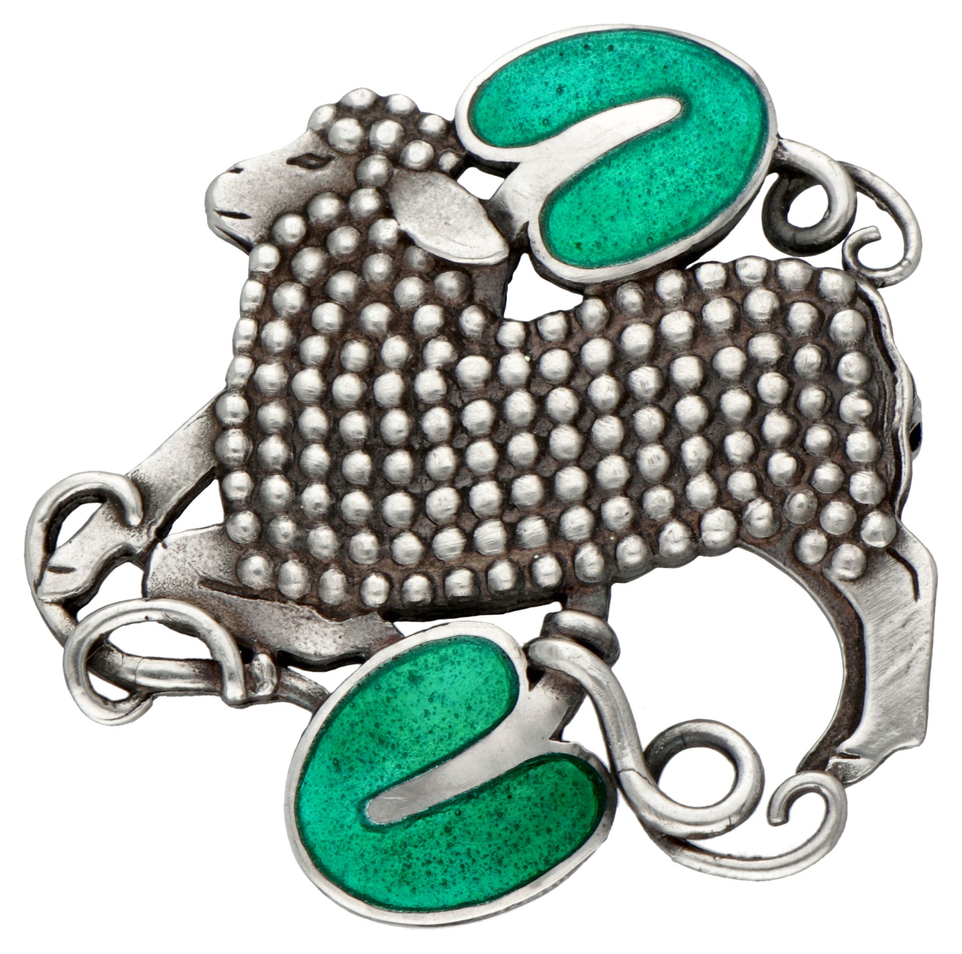 Sterling silver vintage no.284 'Lamb' brooch with green enamel by Arno Malinowsk&hellip;