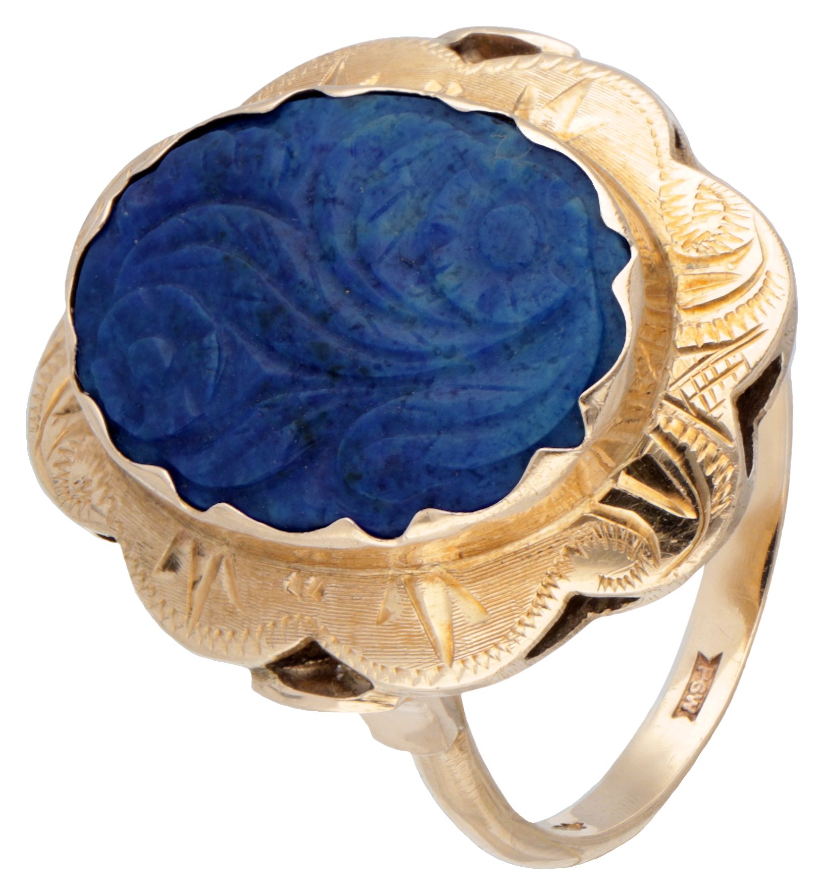 14K. Yellow gold vintage ring set with carved lapis lazuli. 印记：橡树叶中的585。制造者的标记。G&hellip;