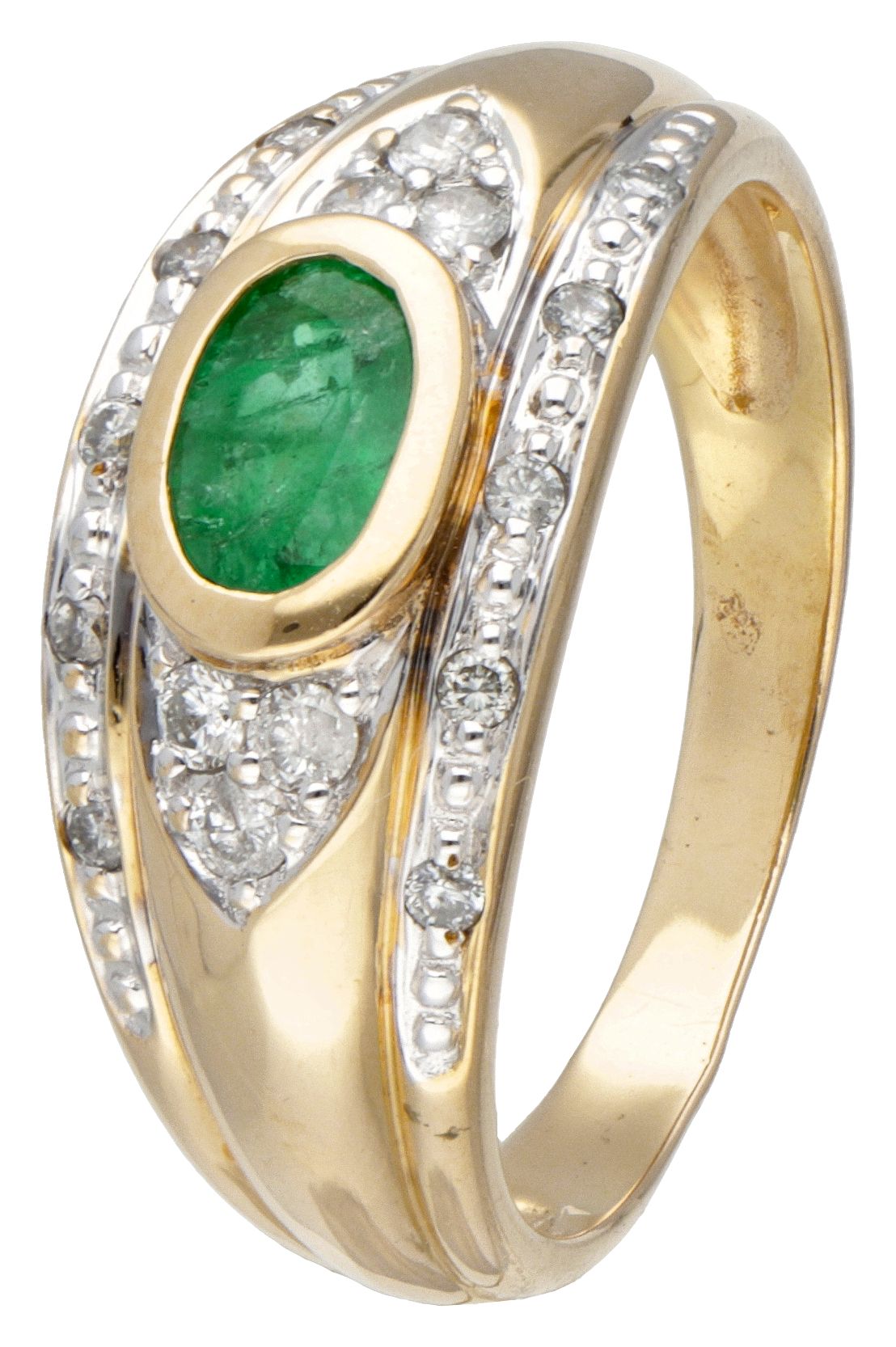 18K. Yellow gold ring set with approx. 0.42 ct. Natural emerald and approx. 0.17&hellip;