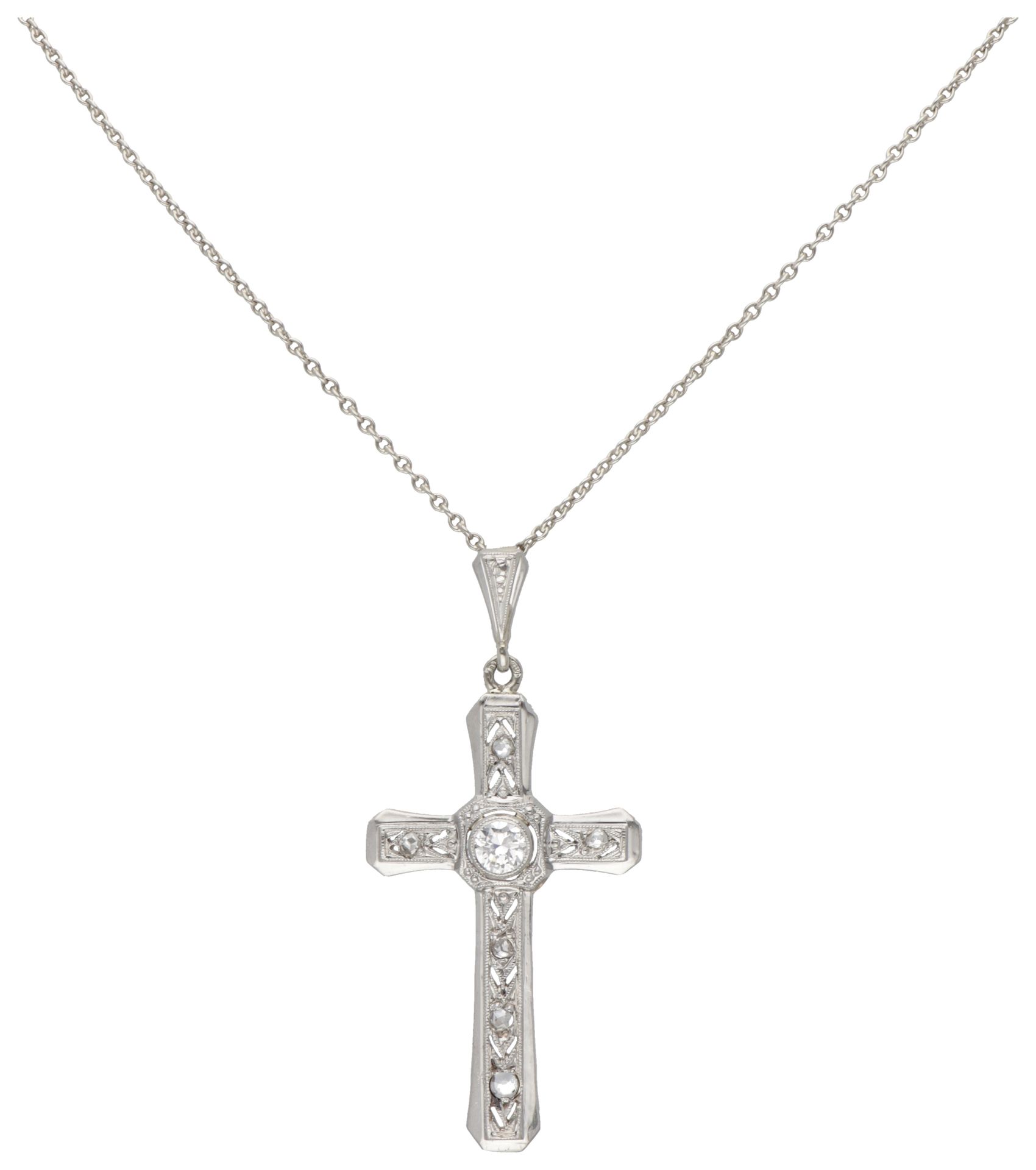 Antique 14K. White gold necklace and cross-shaped openwork pendant set with appr&hellip;