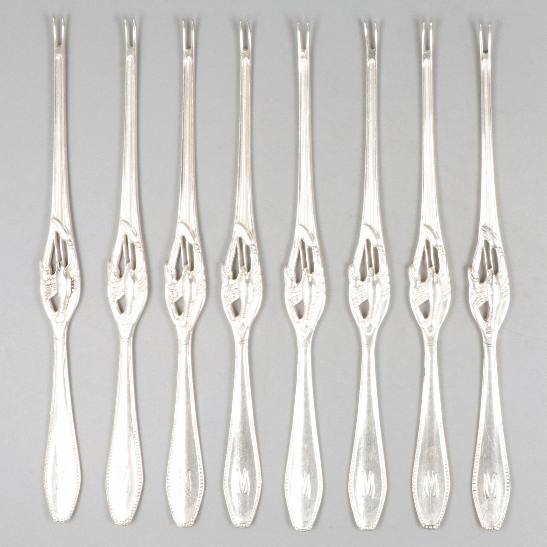 8-piece set of lobster forks silver. With stylized lobster and pearl rim. German&hellip;
