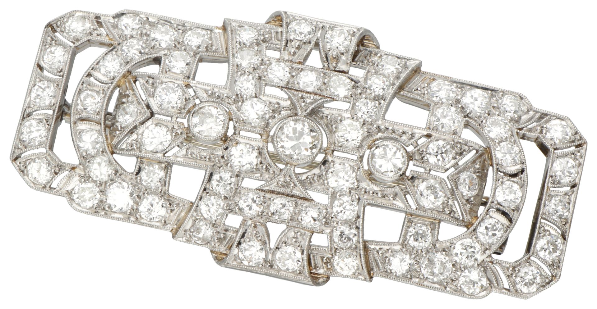 Pt 950 platinum geometric Art Deco brooch set with approx. 5.25 ct. Diamond. 镂空的&hellip;