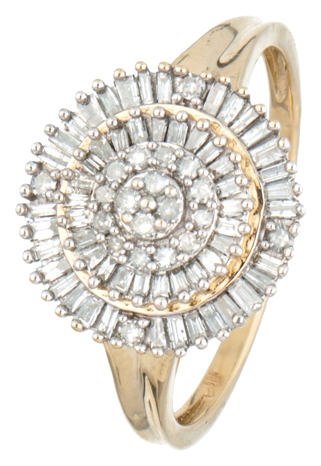 14K. Yellow gold cluster ring set with approx. 1.60 ct. Diamond. Sellos: 585. En&hellip;