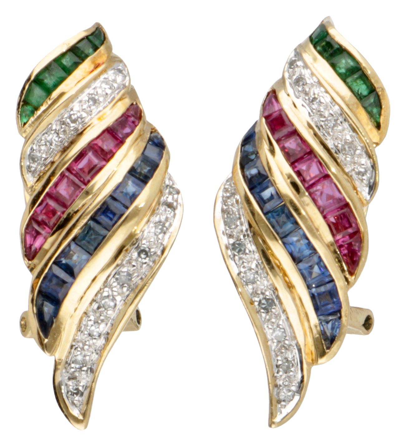 18K. Yellow gold Italian design earrings set with diamond, sapphire, ruby and em&hellip;