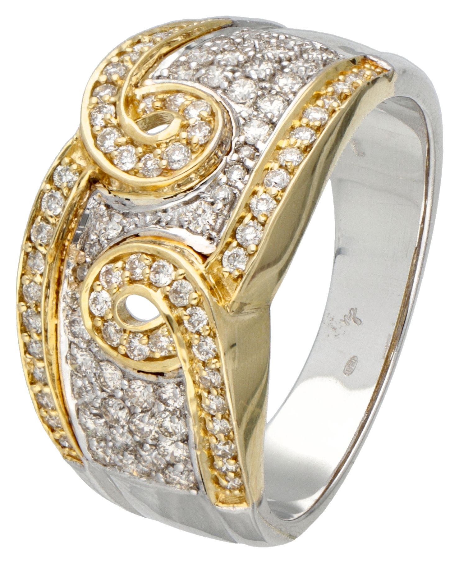 18K. Bicolor gold ring set with approx. 0.65 ct. Diamond. Sellos: 750, CP. Marca&hellip;