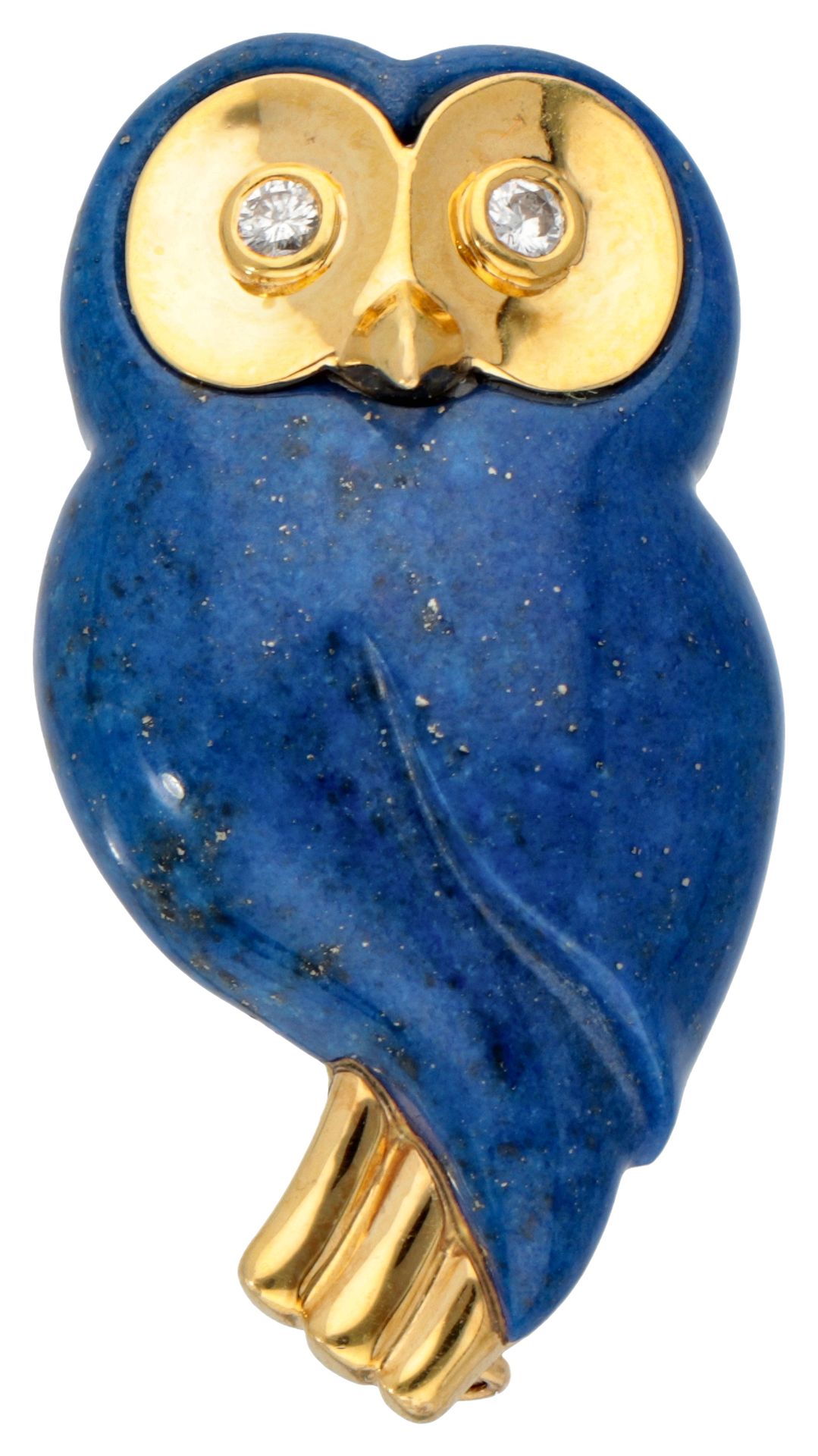 Lapis lazuli brooch with 18K. Yellow gold details depicting an owl. 配有白金双针。印记：75&hellip;