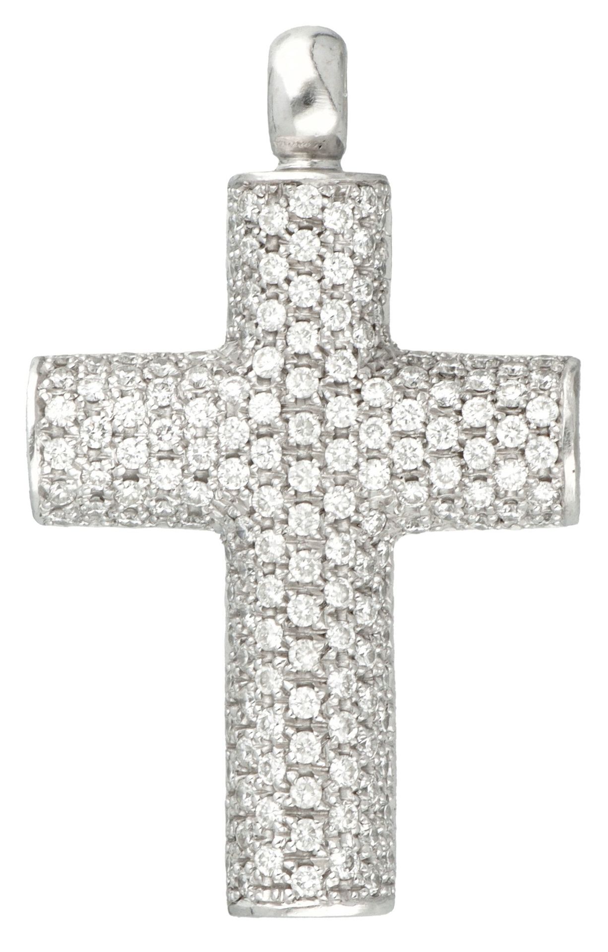 18K. White gold cross-shaped pendant set with approx. 1.50 ct. Diamond. 印章：750。镶&hellip;