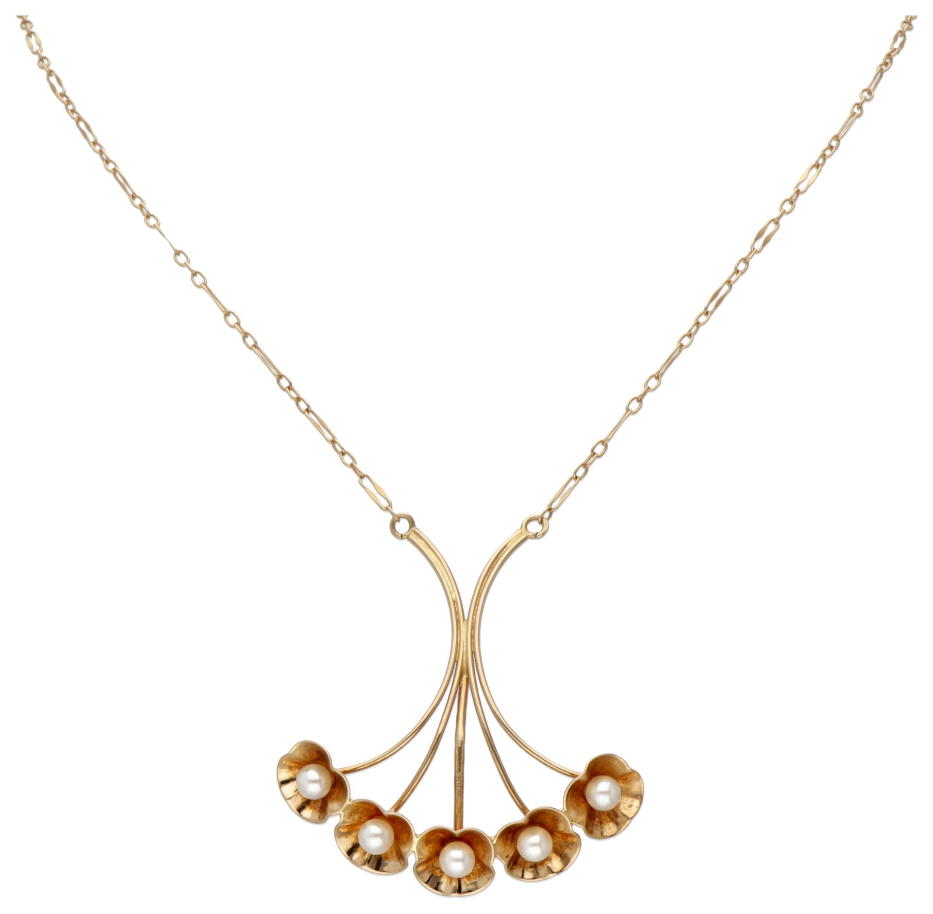 18K. Yellow gold Alton necklace and pendant set with pearls. 印记：750，Alton，F（镇标记F&hellip;