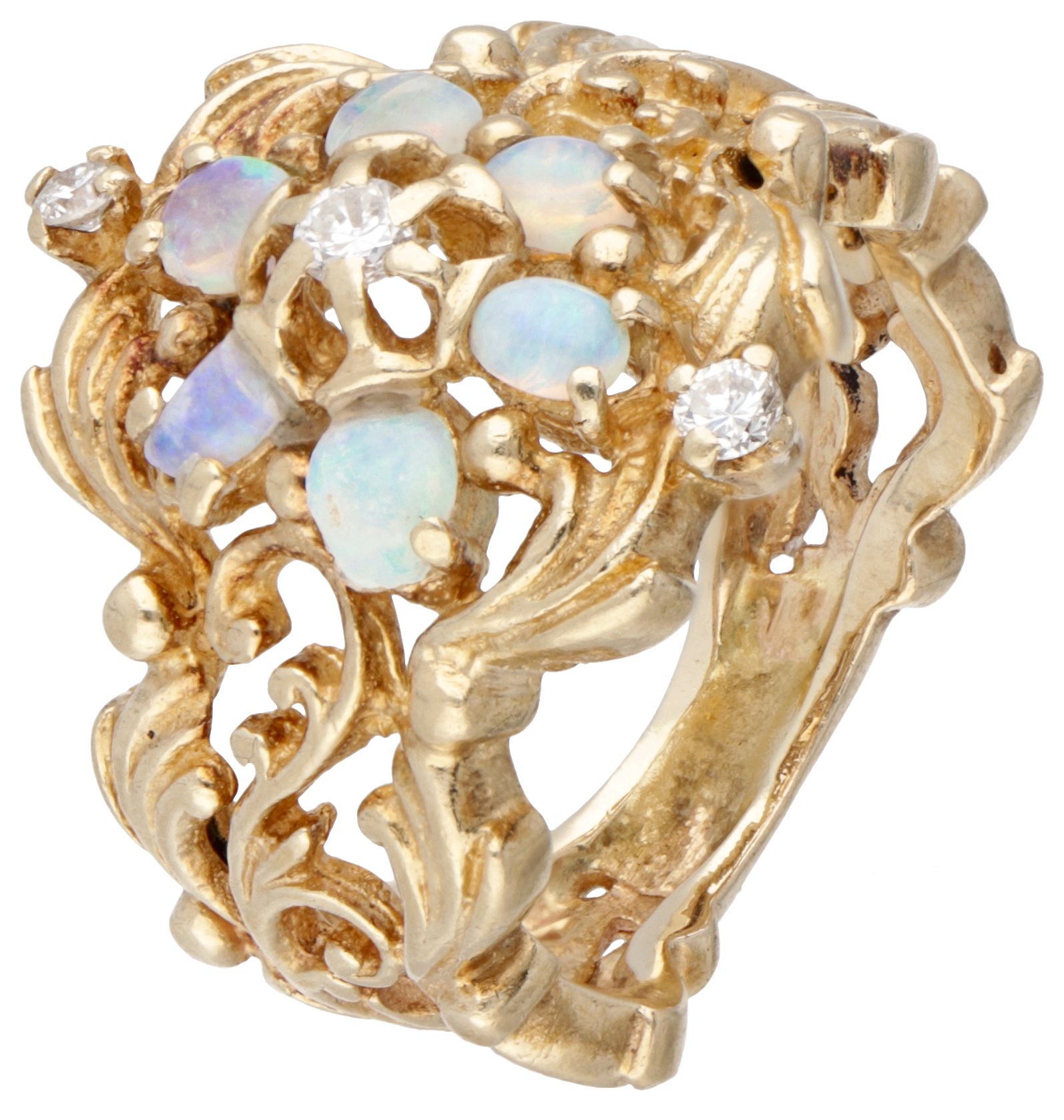 BLA 10K. Yellow gold vintage openwork ring set with approx. 0.48 ct. Welo opal a&hellip;