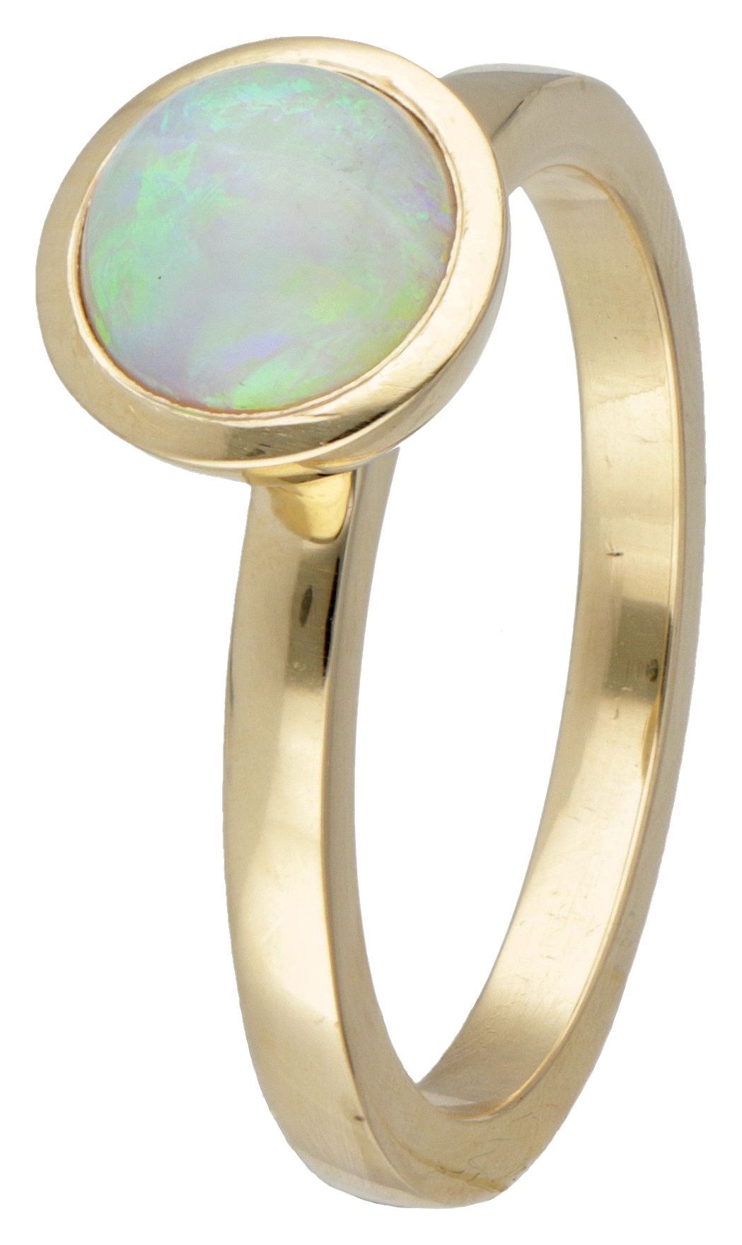14K. Yellow gold solitaire ring set with precious opal. Poinçon : 585. Marque du&hellip;