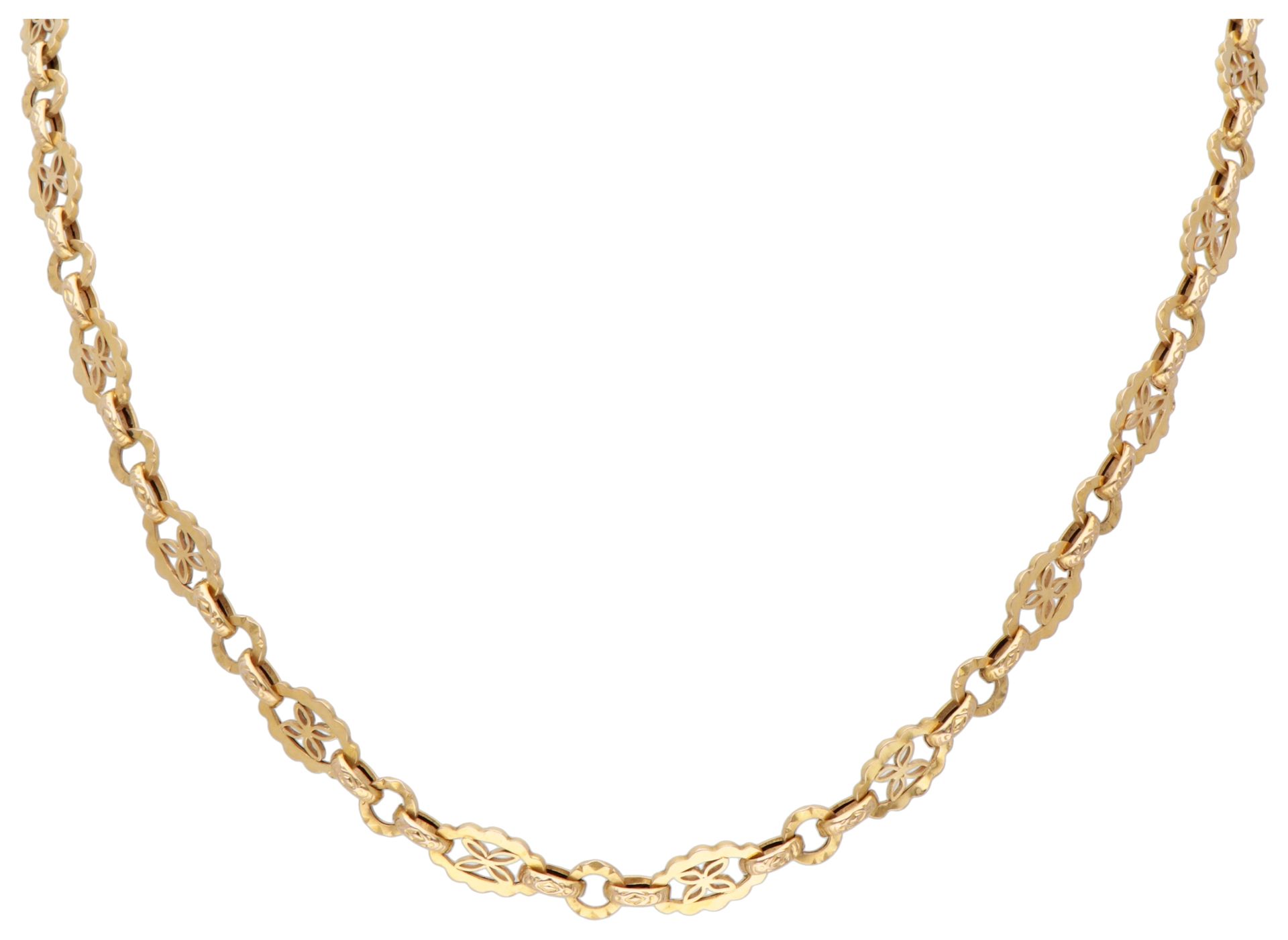 18K. Yellow gold link necklace with ornate details. Hallmarks: 750. L: 78 cm, li&hellip;