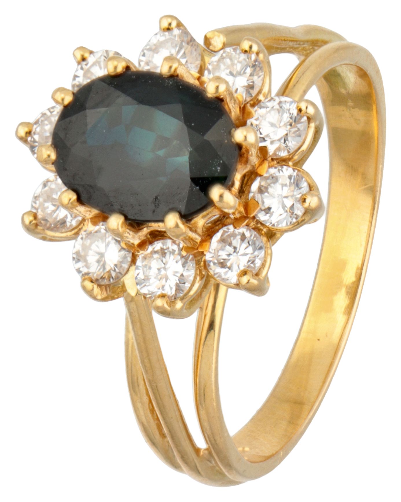 18K. Yellow gold entourage ring set with approx. 1.96 ct. Natural sapphire and a&hellip;