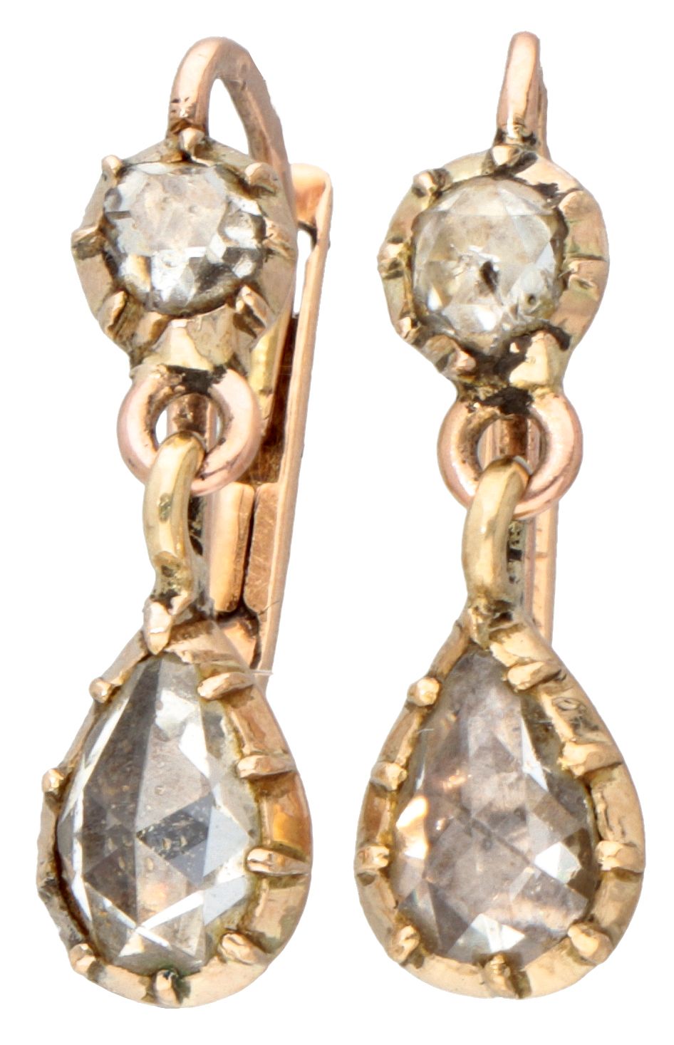 Antique 14K. Yellow gold earrings set with rose cut diamond. Sellos: hoja de rob&hellip;