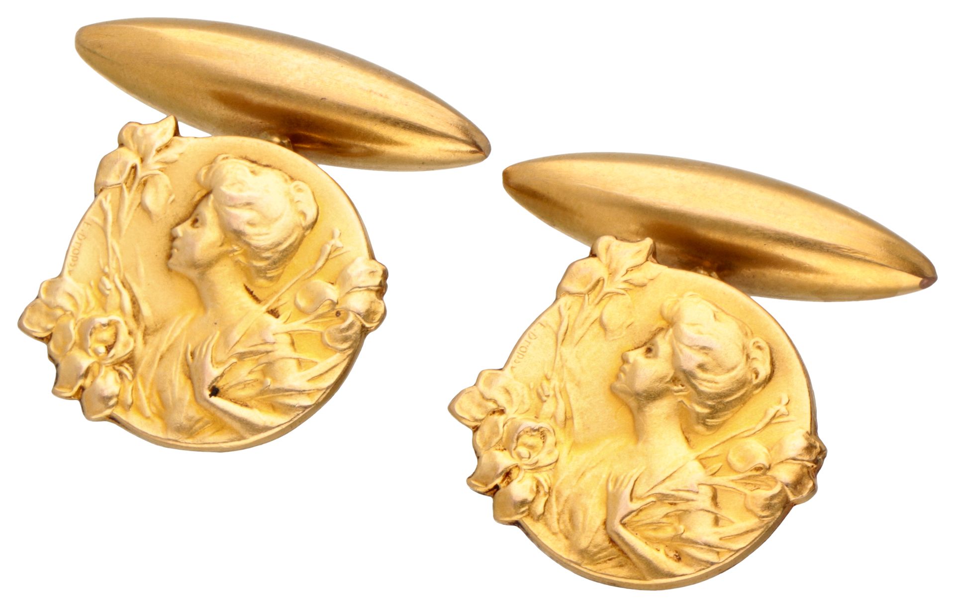18K. Yellow gold Art Nouveau cufflinks with a lady surrounded by iris flowers, s&hellip;