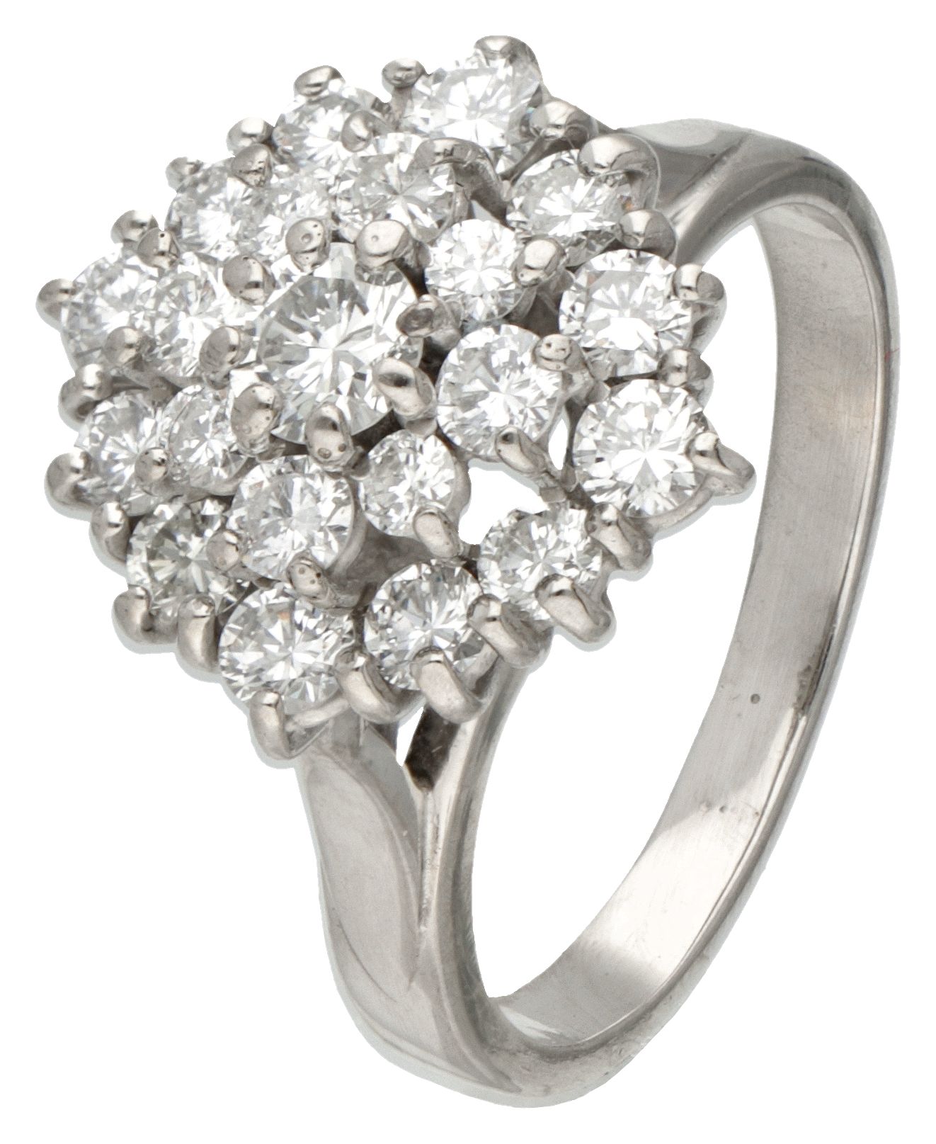14K. White gold entourage ring set with approx. 1.26 ct. Diamond. Poinçons : 585&hellip;