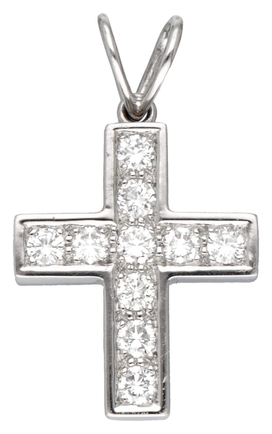 18K. White gold cross-shaped pendant set with approx. 0.55 ct. Diamond. Sello: 7&hellip;