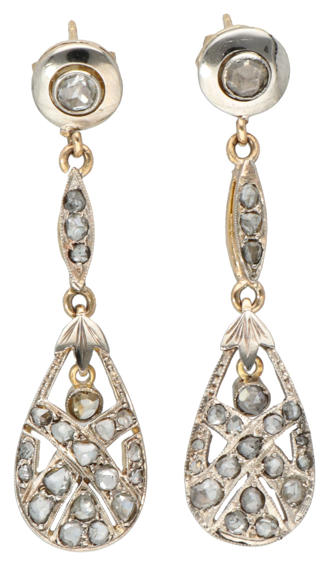 14K. Bicolor gold earrings set with rose cut diamonds. 印章：585。镶嵌有42颗玫瑰式切割钻石。状况良好&hellip;