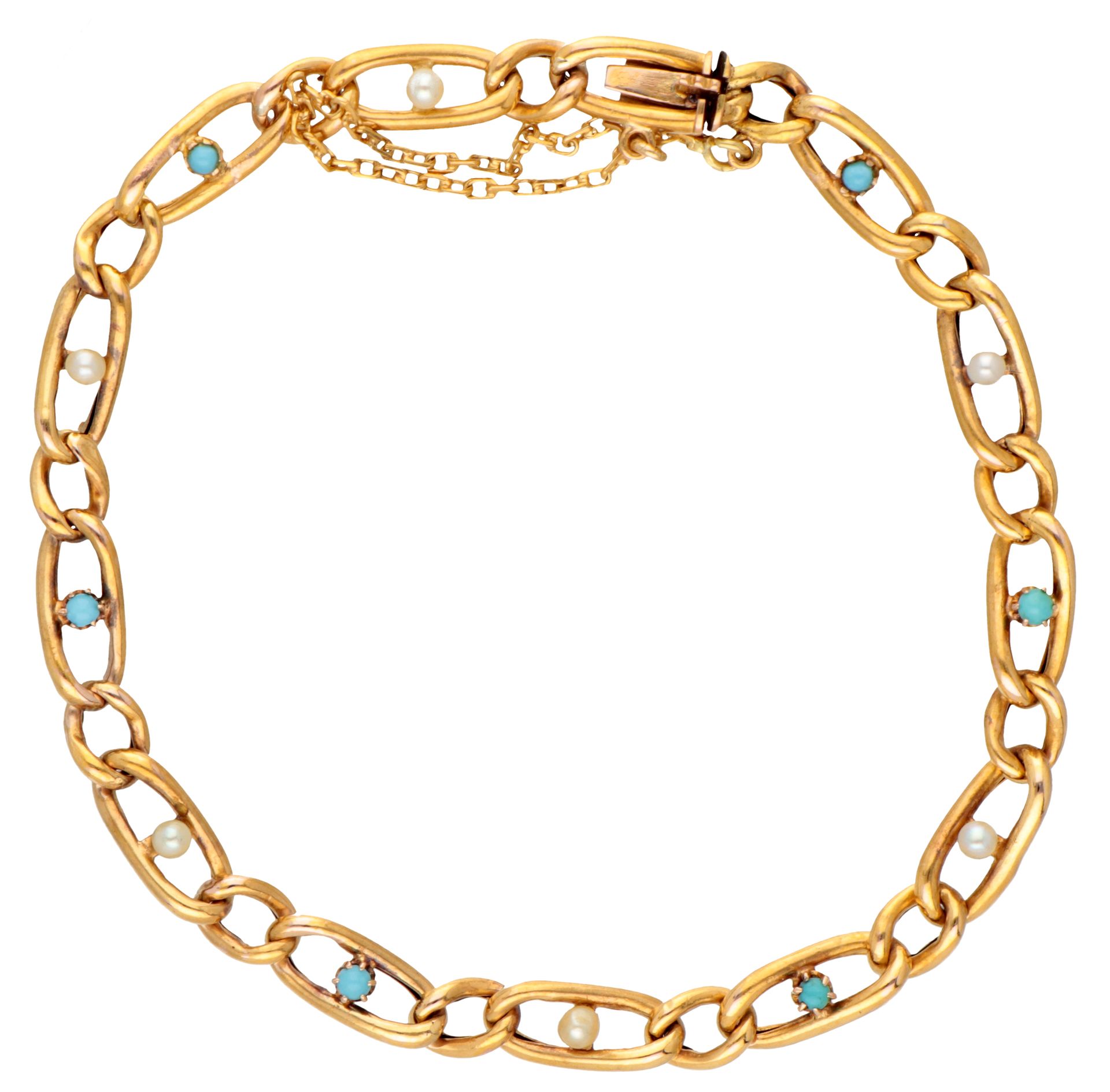 Vintage 18K. Yellow gold link bracelet set with seed pearls and blue stones. Hal&hellip;