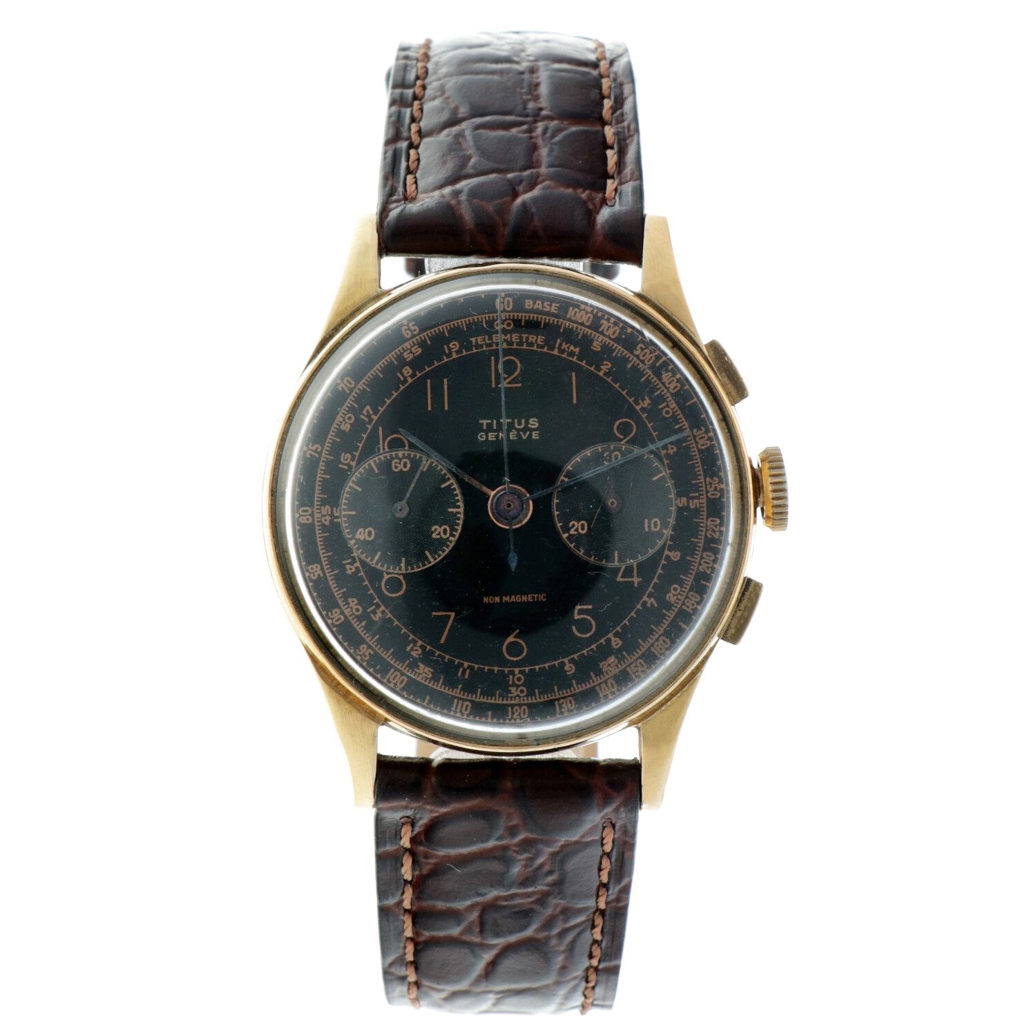 Titus vintage chronograaf - Men's watch - approx. 1955. 表壳: 黄金（18K） - 表带: 皮革 - 手&hellip;