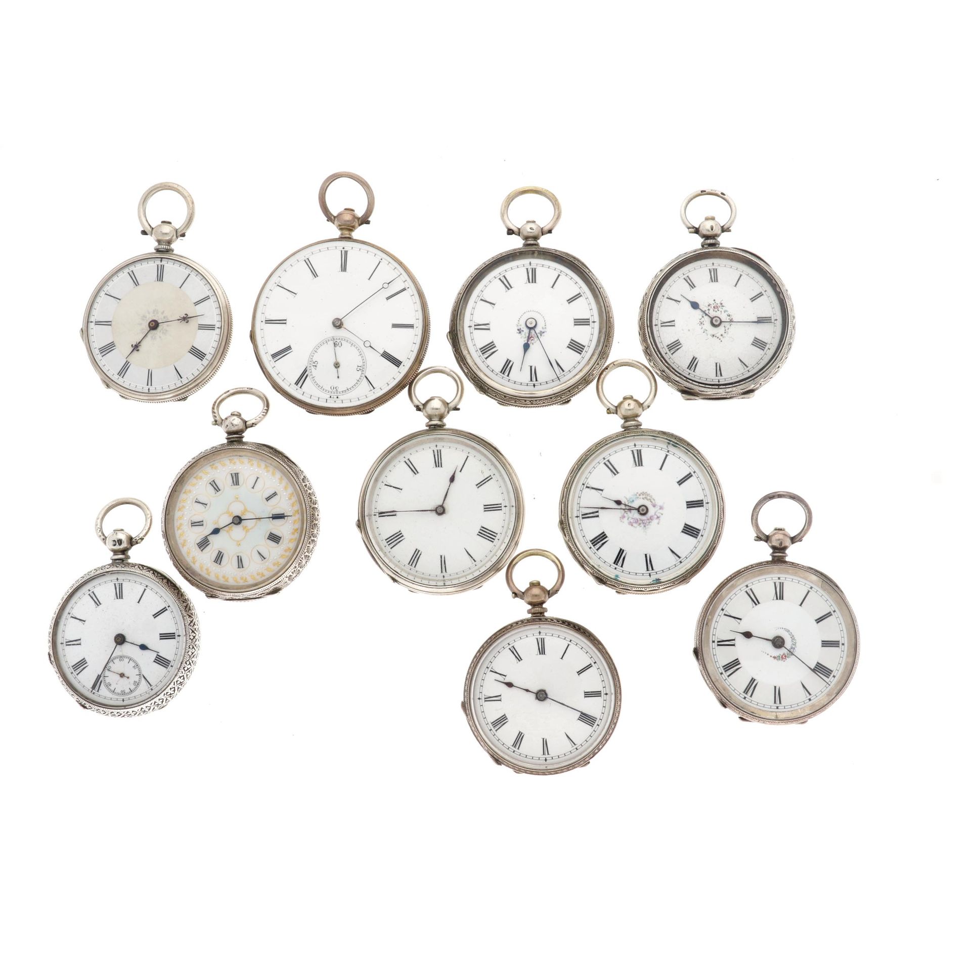 Lot (10) pocket watches - silver. 一批可使用和不可使用的银质怀表。这些怀表的状况各不相同 - 估计价值：75 - 150欧元。