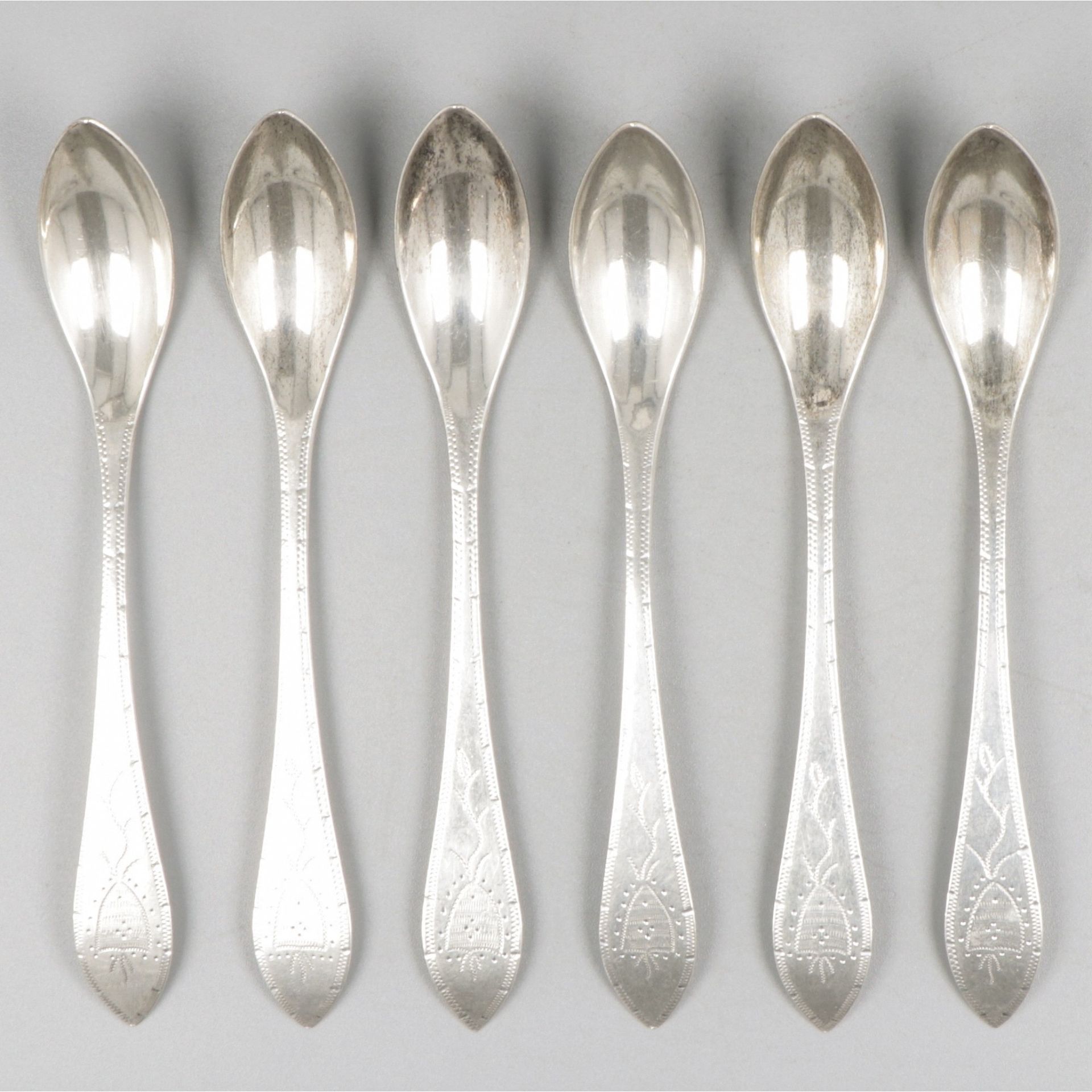 6-piece set of silver teaspoons. Executed with a boat-shaped bowl and engraved E&hellip;