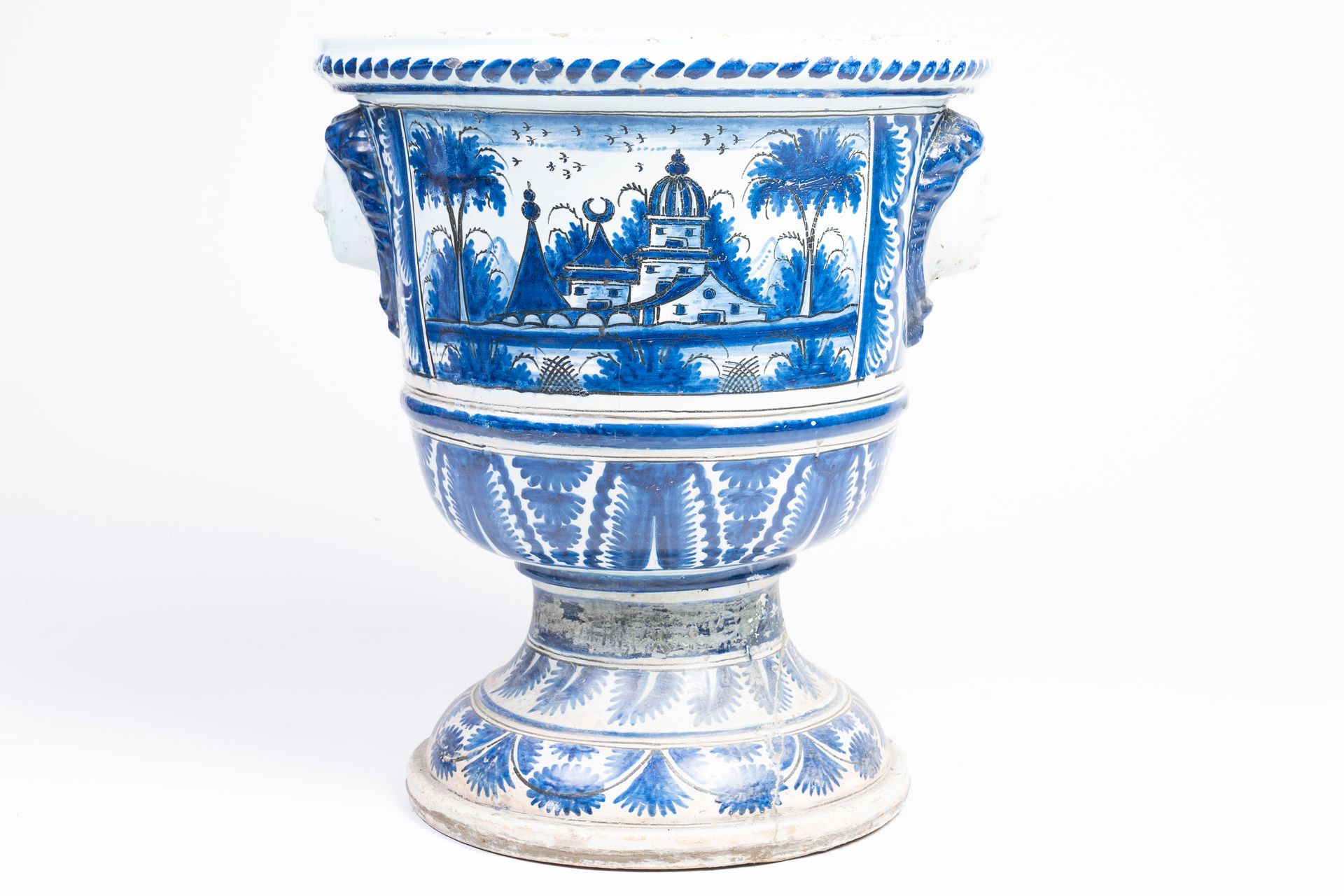 A large French blue and white earthenware Louis XIV vase on stand with oriental &hellip;