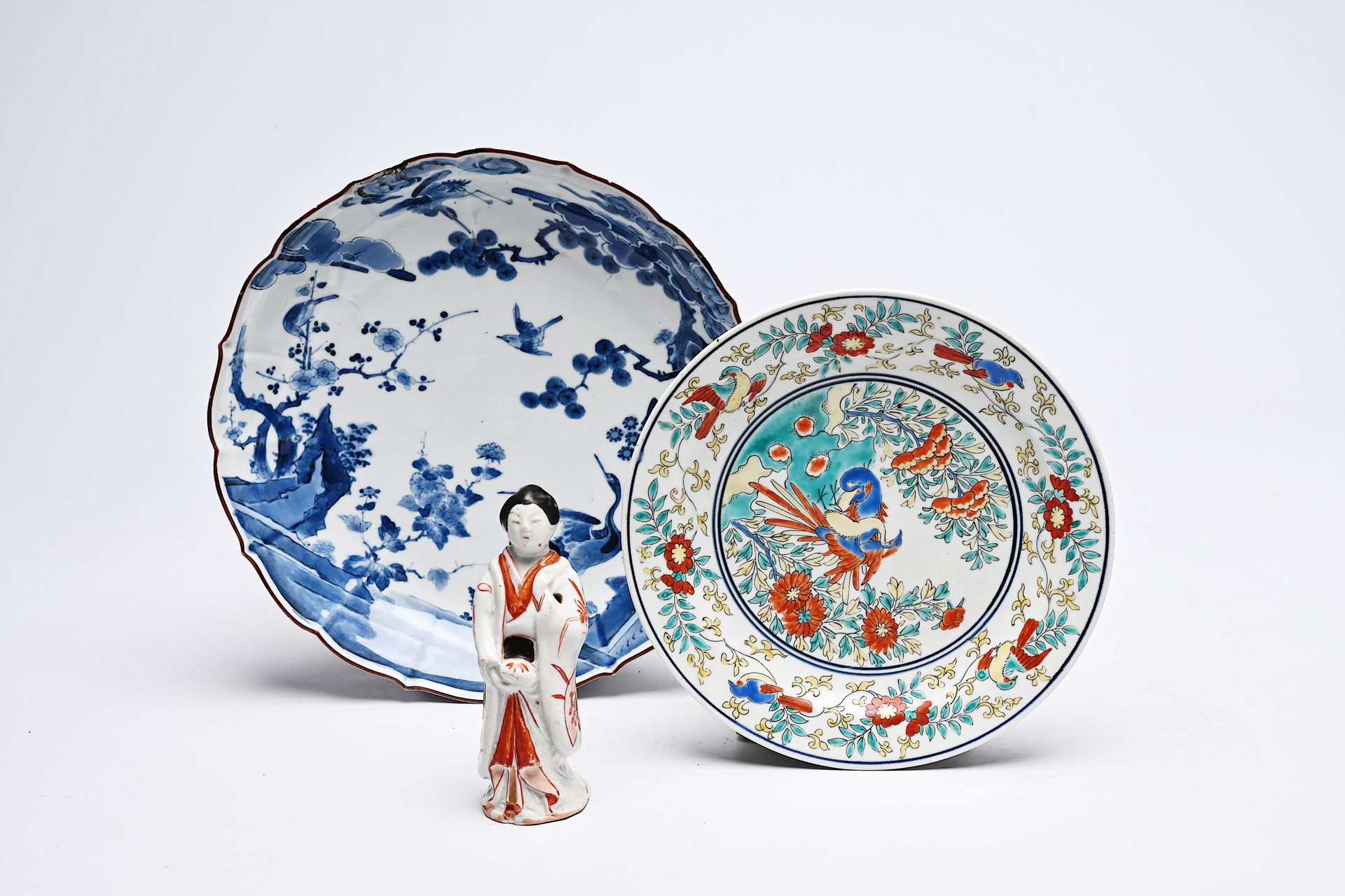 A Japanese blue and white and a Kakiemon plate with birds in a landscape and a '&hellip;