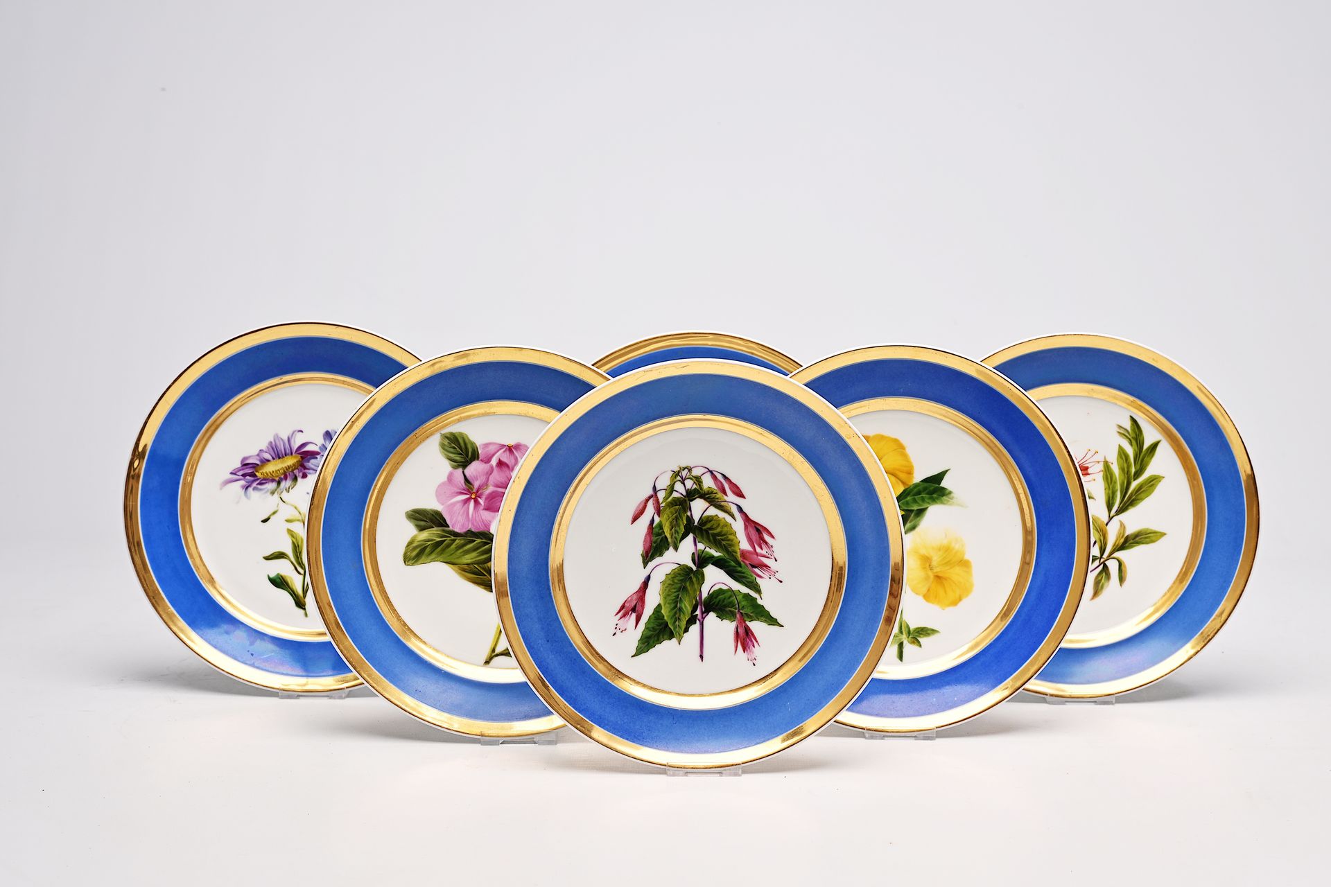 Six French polychrome and gilt Paris porcelain 'flower' plates, three signed 'C.&hellip;