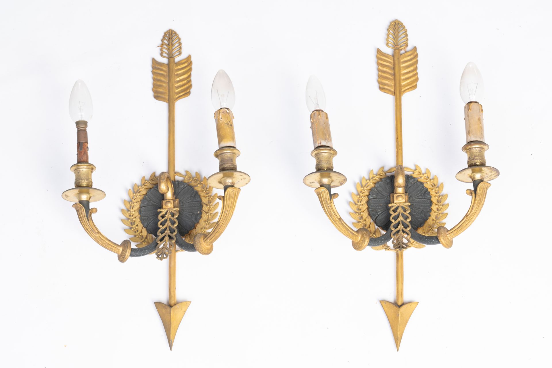 A pair of French Empire-style gilt and patinated bronze two-armed wall lighting &hellip;