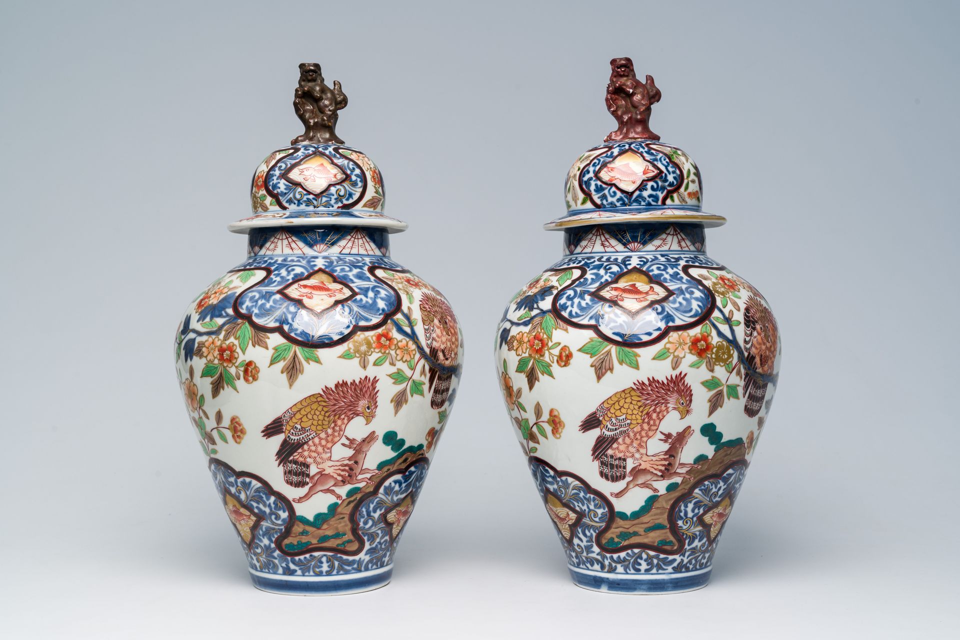 A pair of French Samson Imari style 'hunting eagles' vases and covers, Paris, 19&hellip;